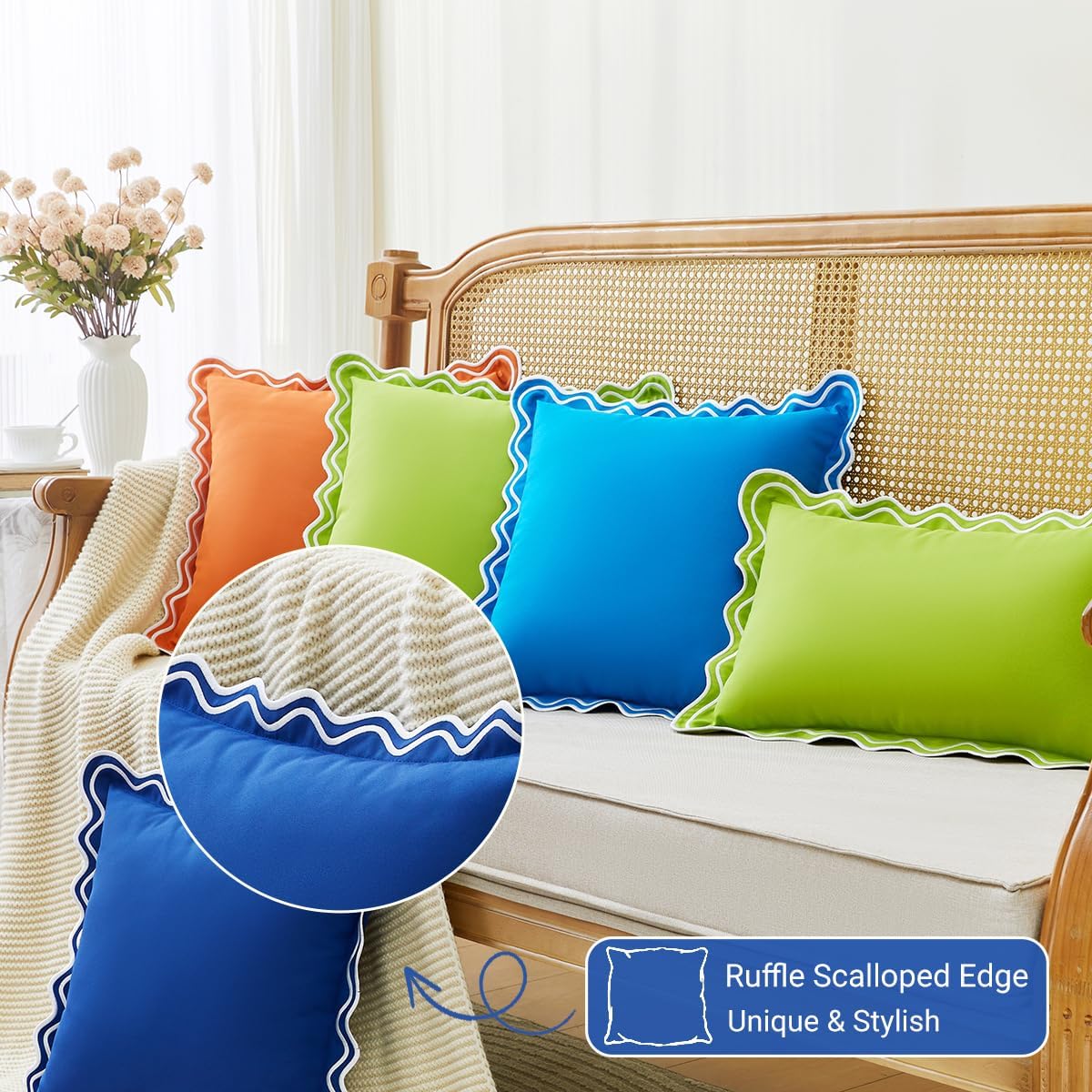 JOJOGOGO 18x18 Navy Blue Scalloped Outdoor Throw Pillow Covers Waterproof & Sunproof Set of 2, Embroidered Navy Nautical Boho Decorative Outdoor Throw Pillows for Front Porch & Patio Furniture Decor