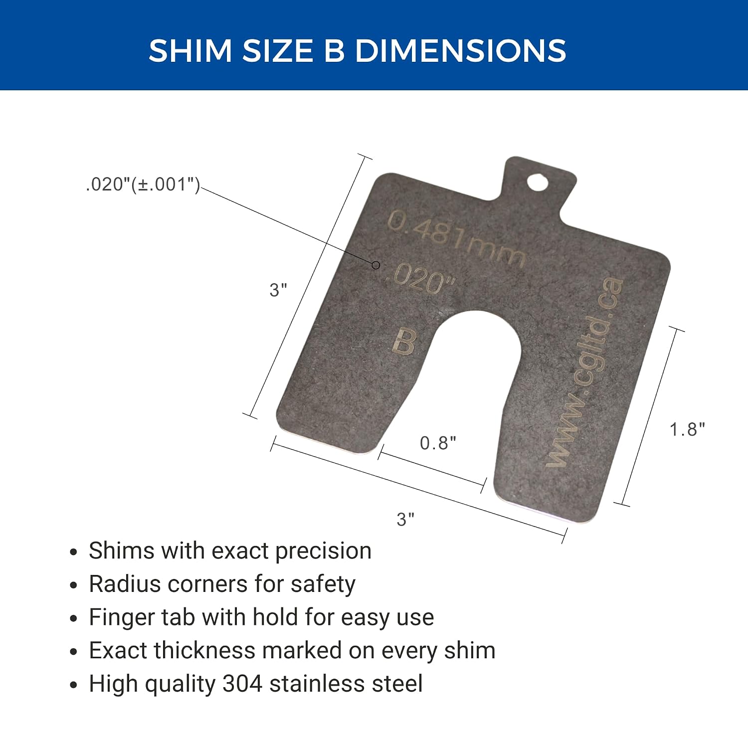 CGLTD Stainless Steel Slotted Shim Replacement Pack, Size B, 3" x 3" (Pack of 20 shims) (20, 0.020")