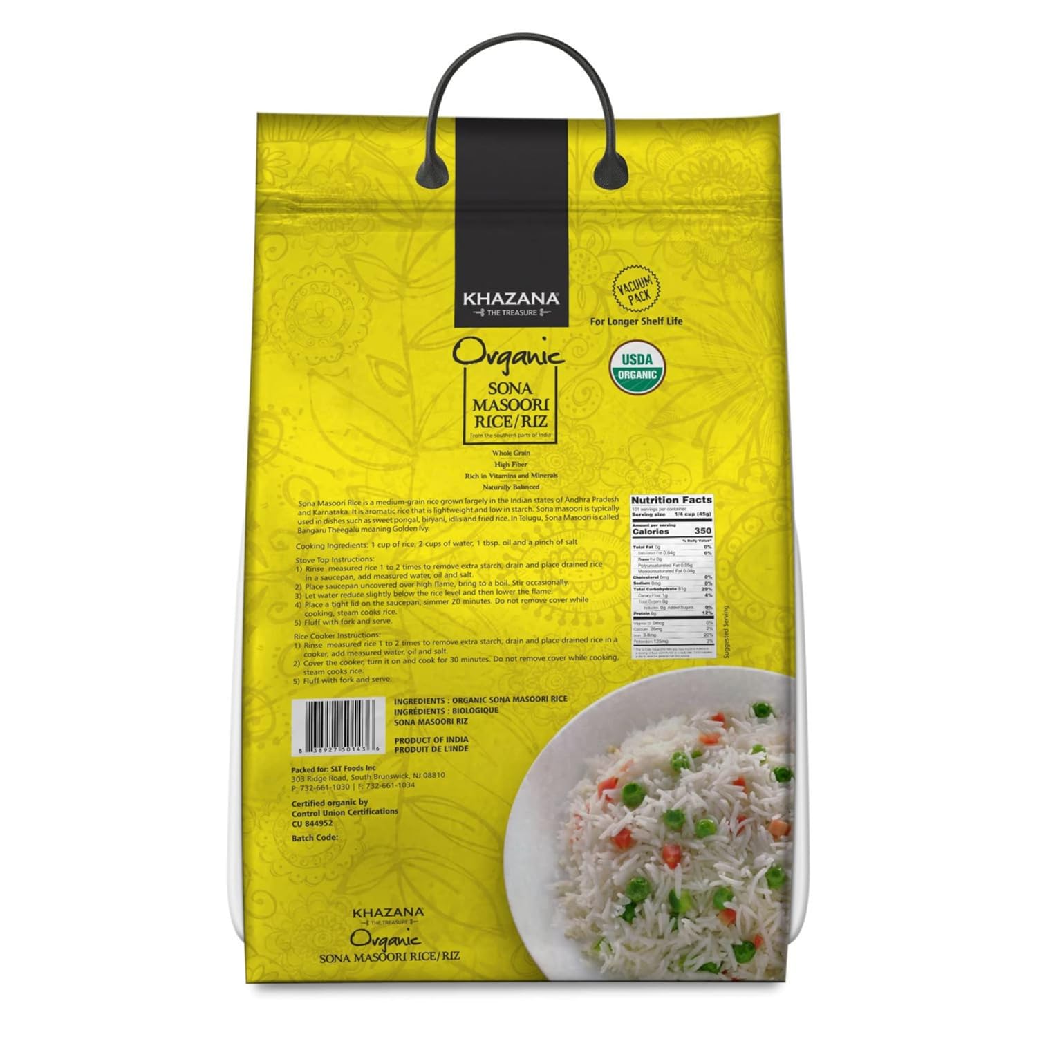 Organic Sona Masoori Rice by Khazana in 10 lb Bag - Aromatic and Flavorful Indian Grain - Non-GMO, Gluten Free, Kosher, Cholesterol Free