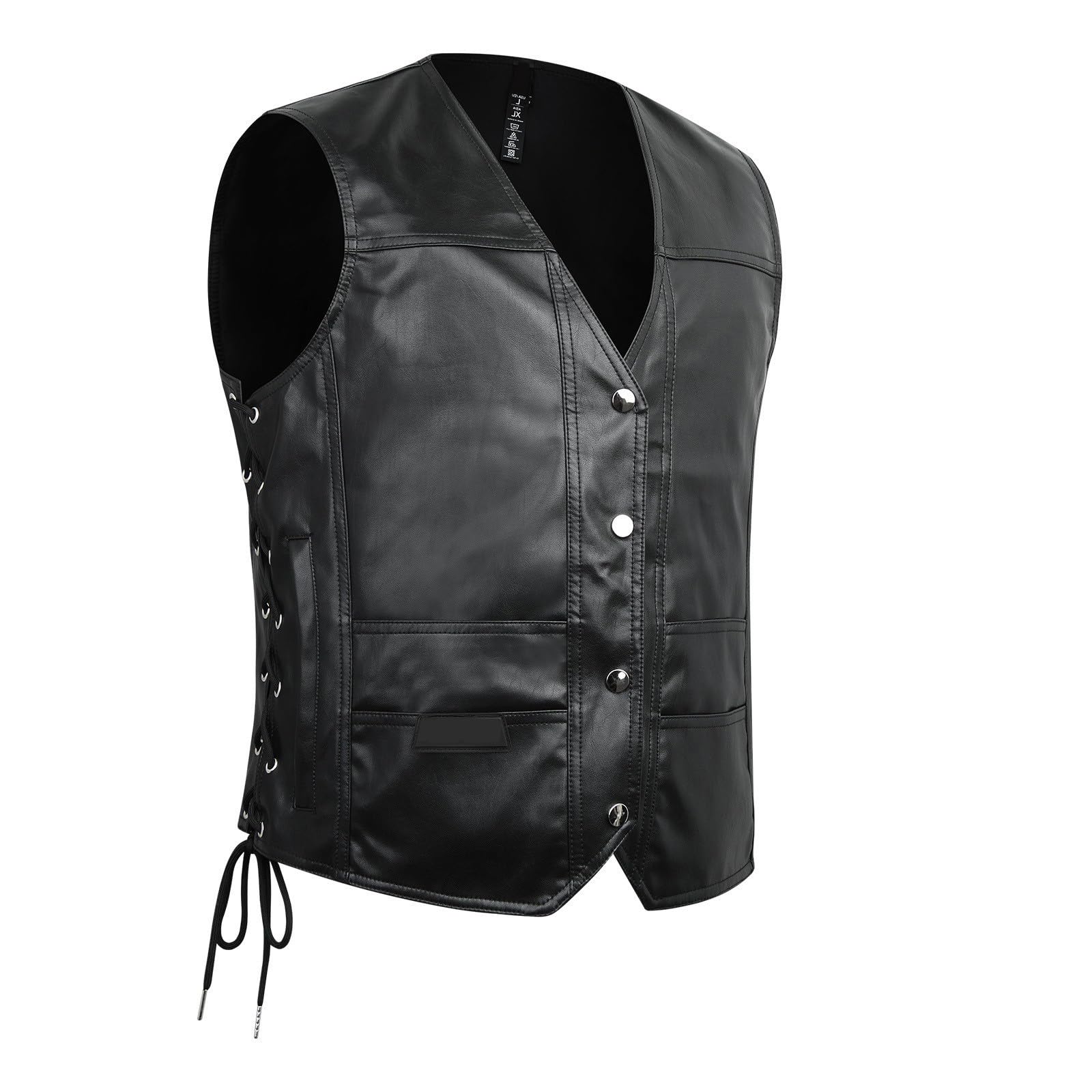 ARMAAN Gilet Da Uomo In Similpelle Nera, Senza Maniche, Stile Biker, Con Lacci Laterali Regolabili E Tasche, Gilet Effetto Pelle Con Scollo A V, Stile Motociclista