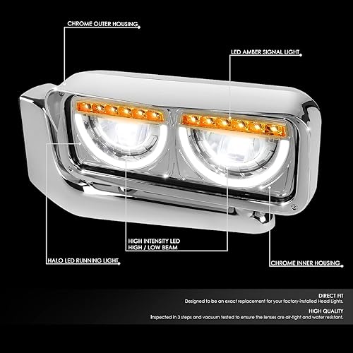 Miniatura 2 de DNA MOTORING HL-HAY-034-CH - Par de faros LED tipo U tipo halo reflectores compatibles con 81-88 Peterbilt 359  87-07 379 08-21 389, cromado