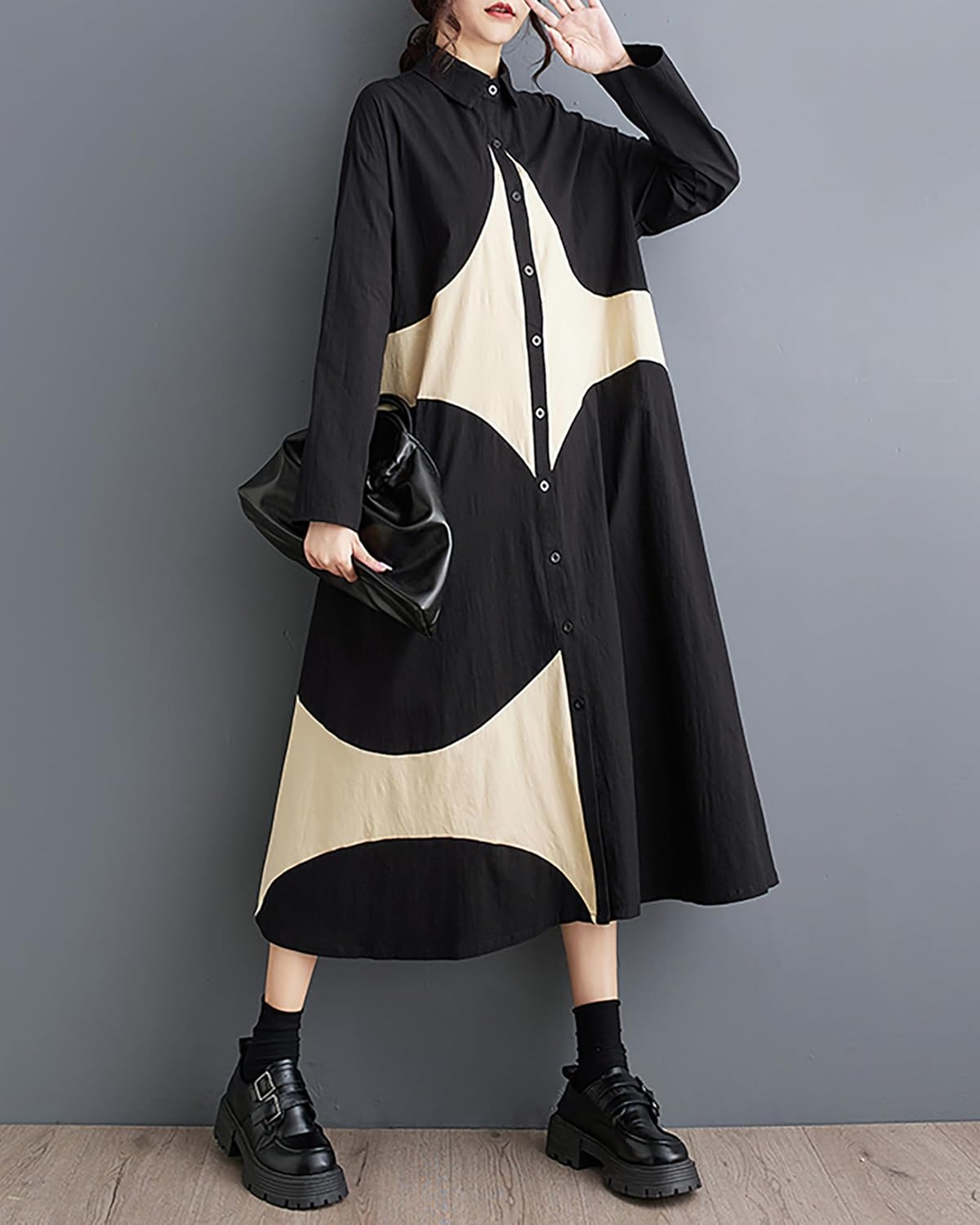 ellazhu Womens Fall Casual Patchwork Funky Long Sleeve Designer Dress Loose Blouse GY2787 A - Image 2