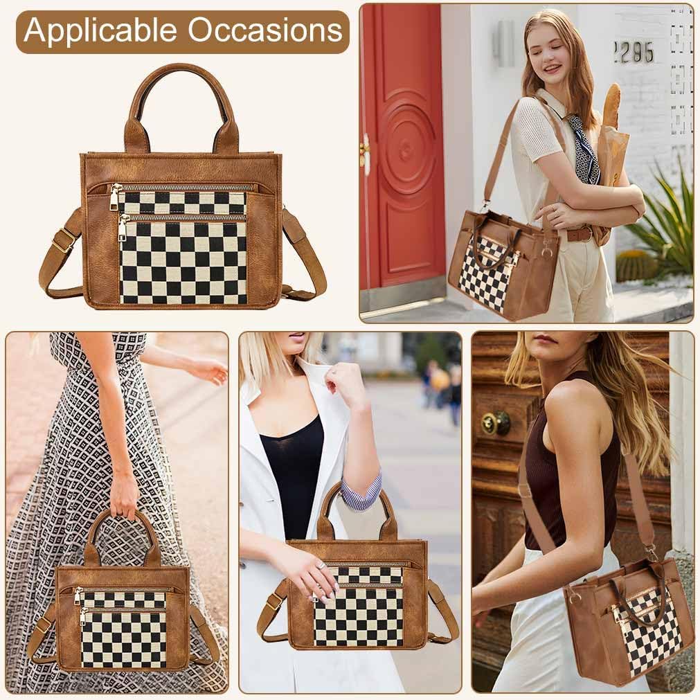 PCBAG Women's Checkered Crossbody Bag Vintage Black and White Faux Leather Tote Handbags Purse Adjustable Strap Casual Shoulder Bag for Work Travel - Image 2