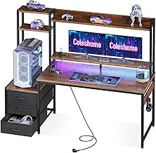 Coleshome Gaming Desk with Shelf and Drawers, Gaming Desk with LED Lighting & Integrated Socket, Computer Table with Storage Shelves & Monitor Stand (Brown, 137 x 48 cm)