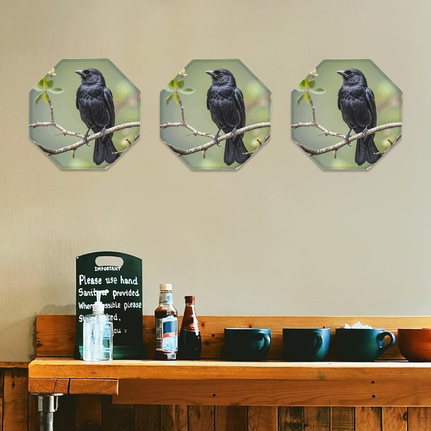 Ctagon Metal Sign for Home, Modern Display Plate for Kitchen, Black Crow Birds on A Branch Plates Accent Hanging Wall Decorations 3PCS for Living Room, Bedroom, Hallway, Hotel