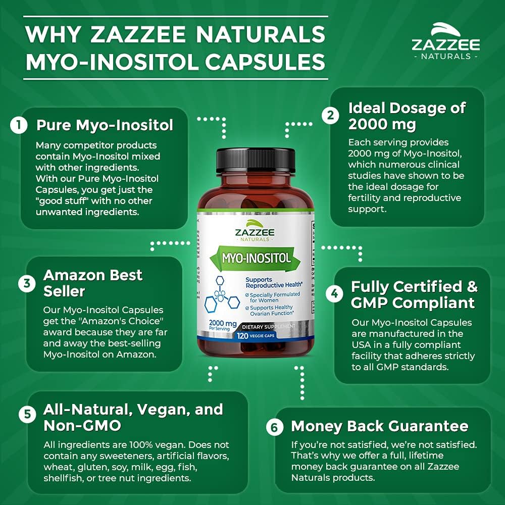 Zazzee Myo-Inositol 120 Vegan Capsules, 2000 mg per Serving, 100% Pure, Premium Grade, Vegan, Non-GMO and All Natural : Health & Household