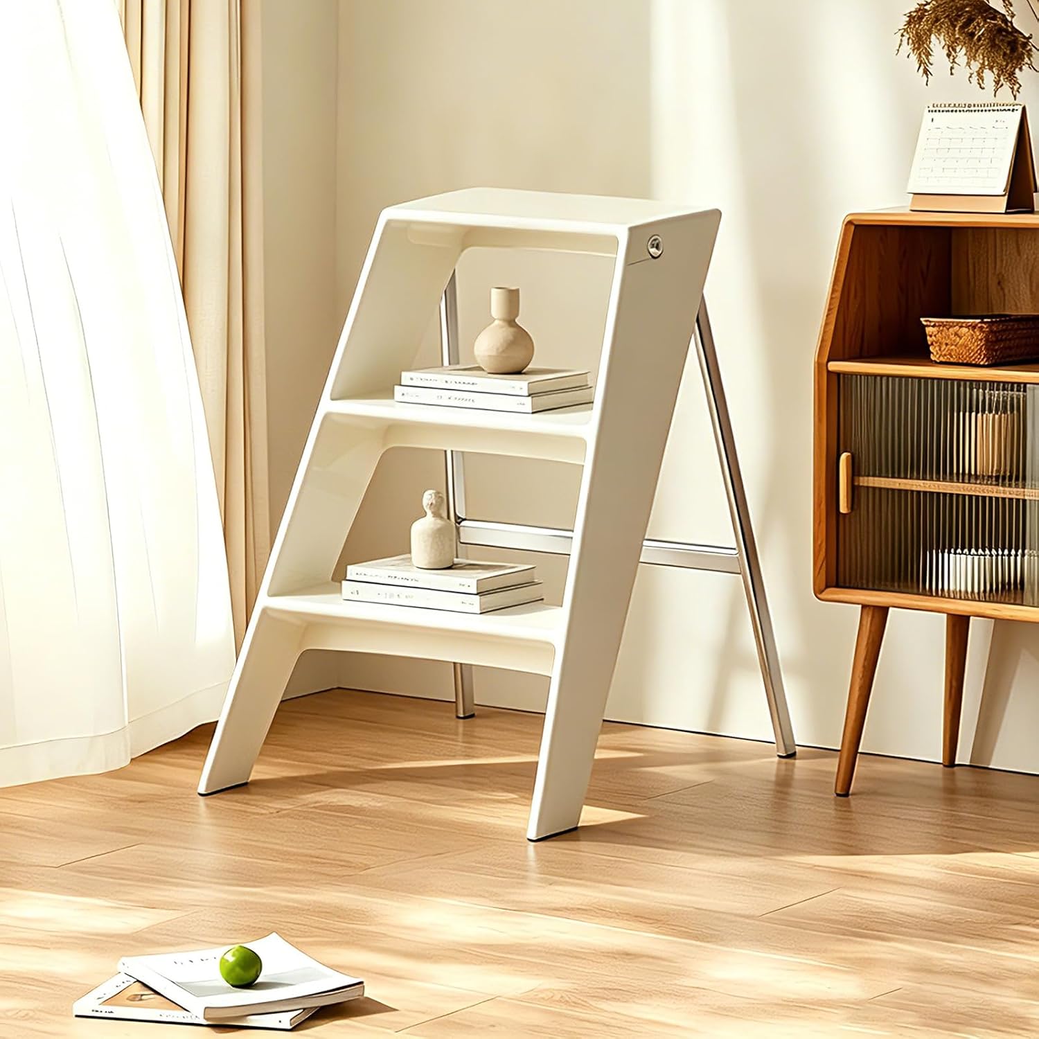 Acrylic 3-Step Folding Step Ladder for Adults, Decorative Transparent Step Stool with Electroplated Silver Iron Frame, 24.8"High Aesthetic Utility Stairs, Modern Foot Stool Multifunction Display Shelf