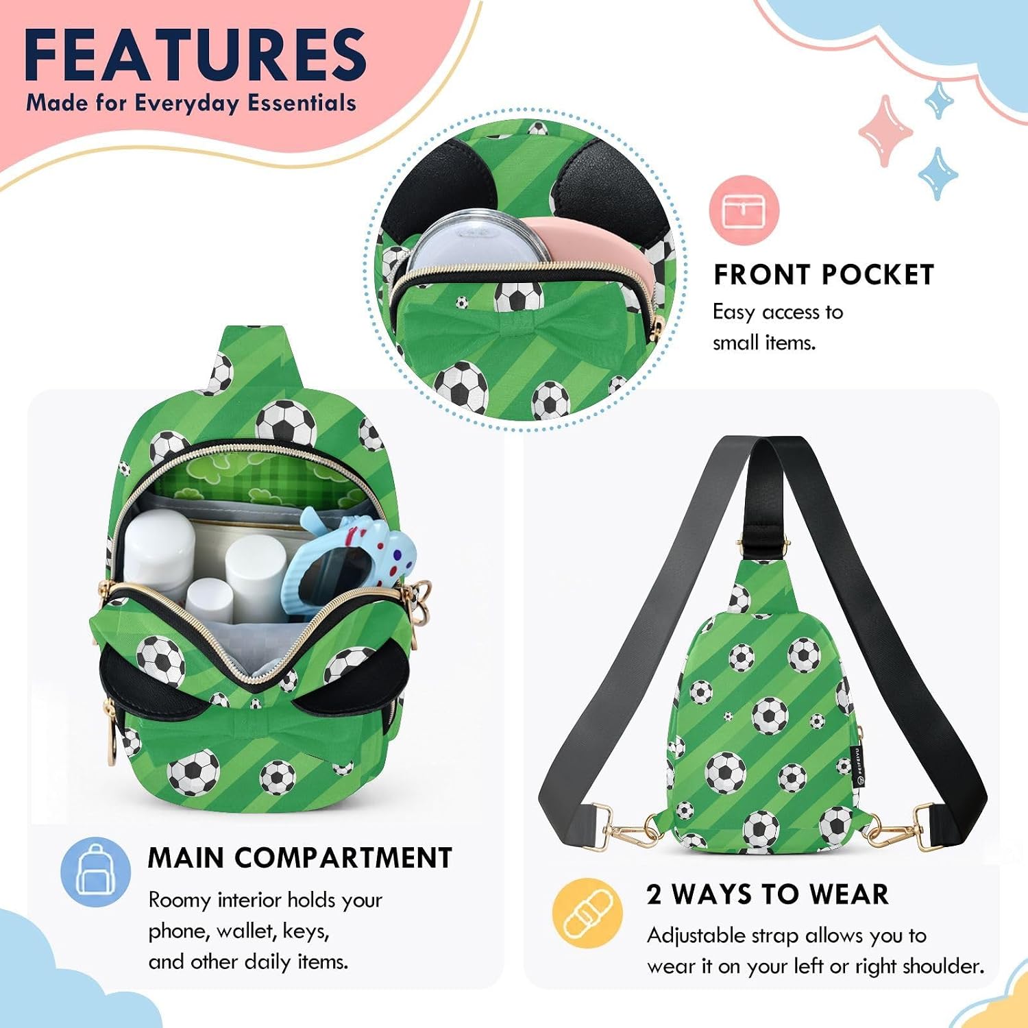 Sinestour Soccer Balls Kids Crossbody Bags for Girls, 7.5x5.7x3.1Inches | Crossbody Fanny Pack, Toddler Purse, Cute Sling Belt Bag with Ears, 2L Small Shoulder Chest Bag for Travel
