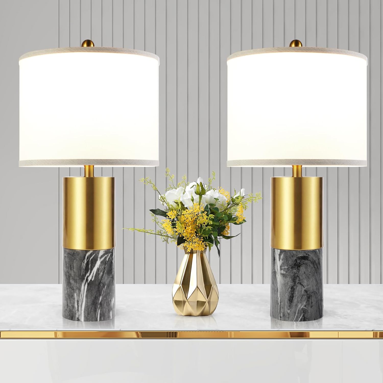 22" Faux Marble Table Lamps Set of 2, Modern 3-Color Temperature Table Lamps with Fabric Shades, Contemporary Bedside Nightstand Lamps for Living Room Bedroom (2 LED Bulbs Included) - Dark Gray & Gold
