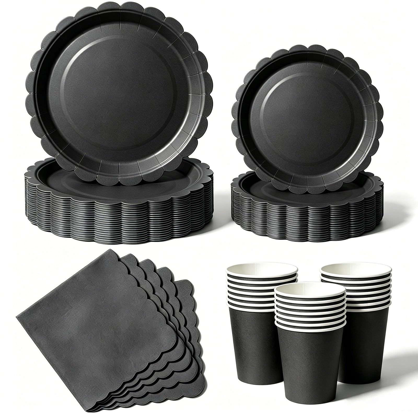 Nkaiso 50 Pcs Black Scalloped Paper Plates and Napkins Set for 10