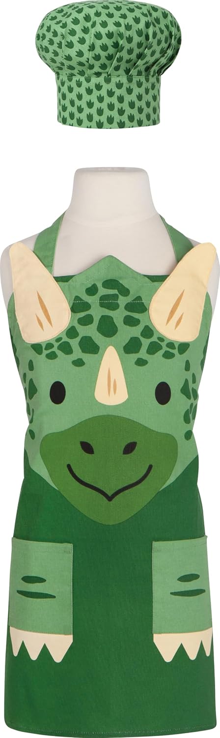 Jubilee Daydream 100% Cotton Kids Apron and Chef Hat Set, Child Apron with 2 Pockets, Dino