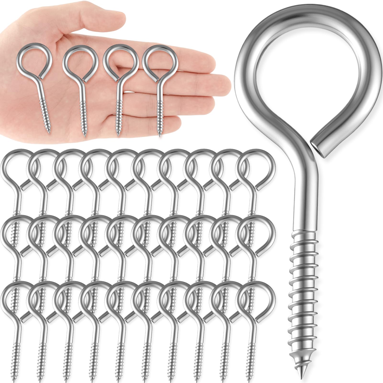 50 Pcs 304 Stainless Steel Screw Eye Hooks, M5-2.6 Inch