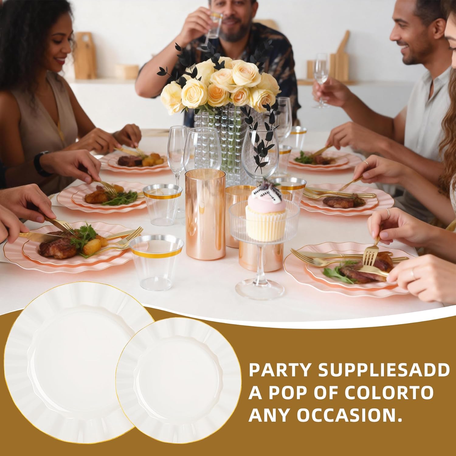 175PCS Gold and Ivory Plastic Dinnerware Set, Plastic Party Plates for 25 Guests, 50 Disposable Plates, 25 Heavy Duty Silverware, 25 Cups, 25 Napkins for Party and Wedding