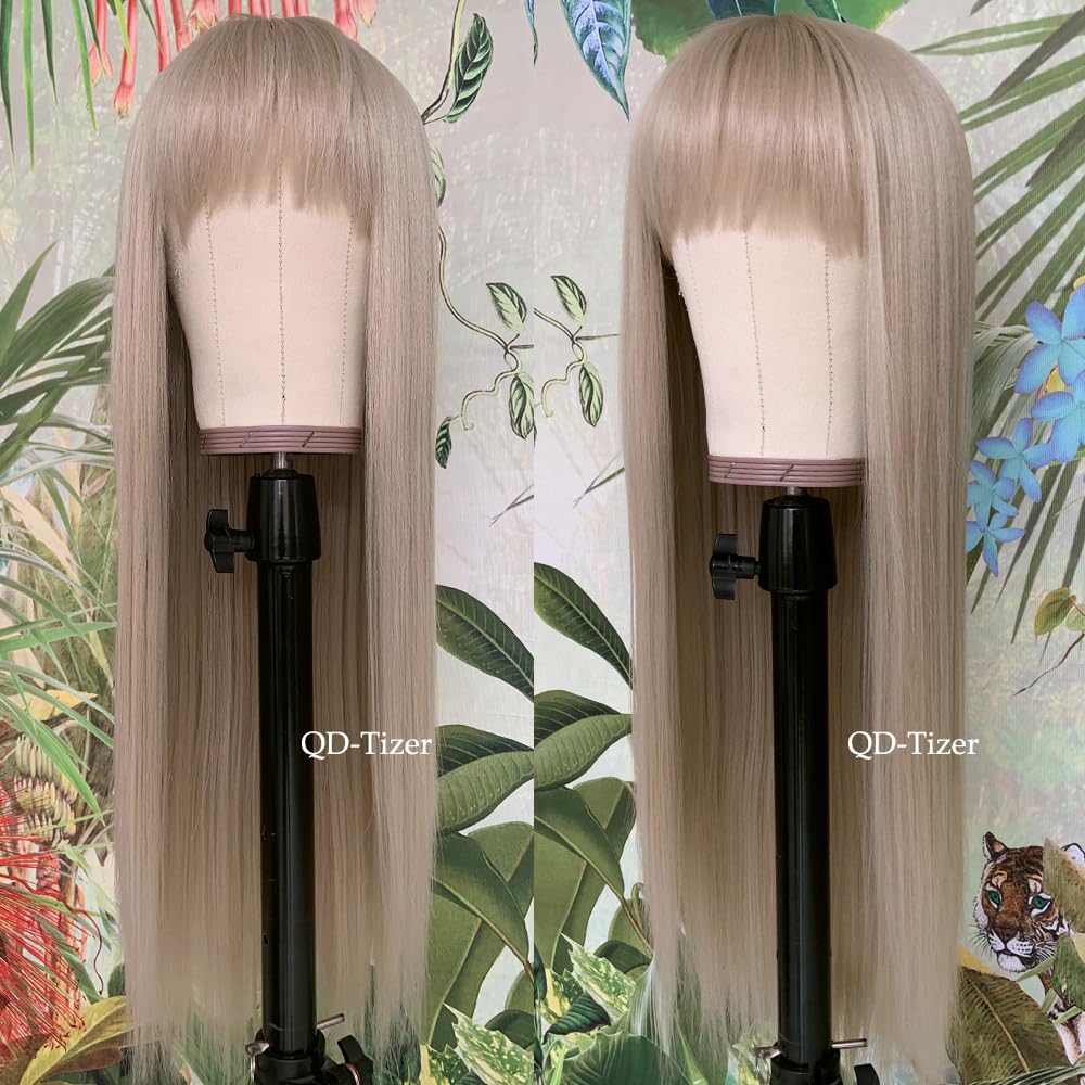 QD-Tizer Ash Blonde Synthetic Wigs with Bangs Long Straight Hair Wigs Glueless Synthetic None Lace Wigs Blonde Hair Heat-Resistant Fiber Wigs for Black Women - Image 4
