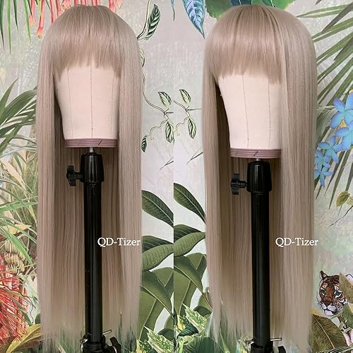 Miniatura 4 de QD-Tizer Pelucas sintéticas de color rubio ceniza con flequillo, pelucas de cabello largo y lacio, sin pegamento, pelucas sintéticas sin encaje,