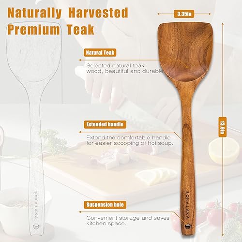 Miniatura 19 de Juego de utensilios de cocina de madera de teca, 7 piezas, utensilios de cocina de madera, incluye espátula