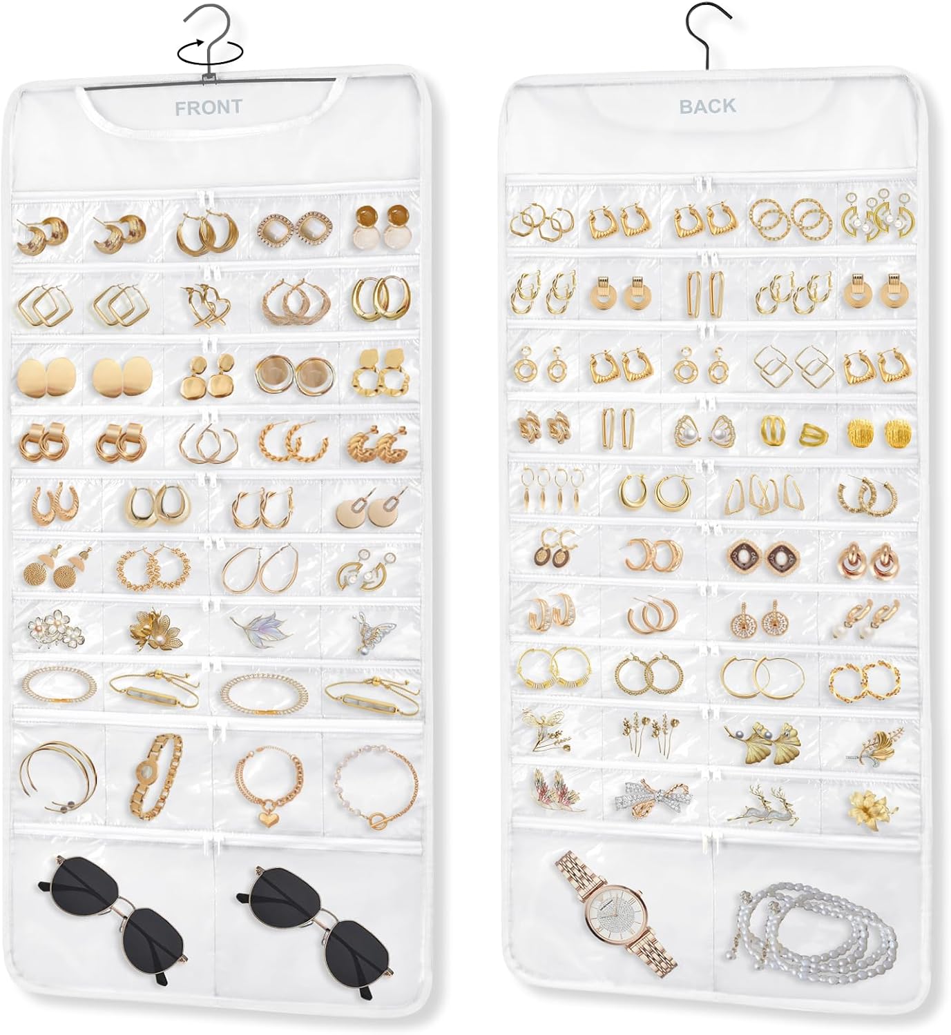 FOREGOER Hanging Jewelry Organizer 88 Zippered Pocket, 2-Sided,1 Pack White