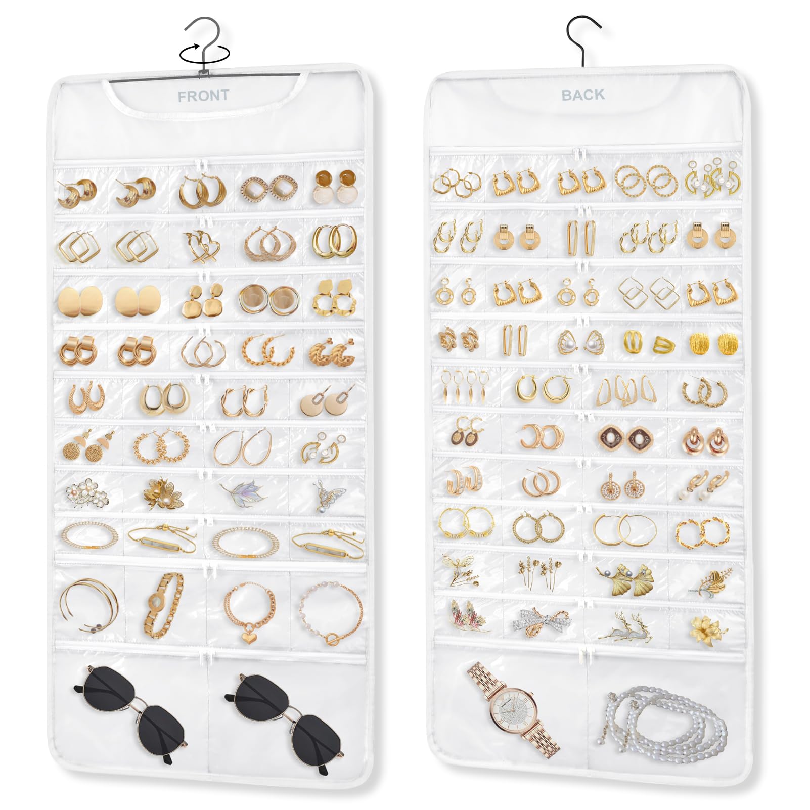 FOREGOER Hanging Jewelry Organizer 88 Zippered Pocket, 2-Sided,1 Pack White