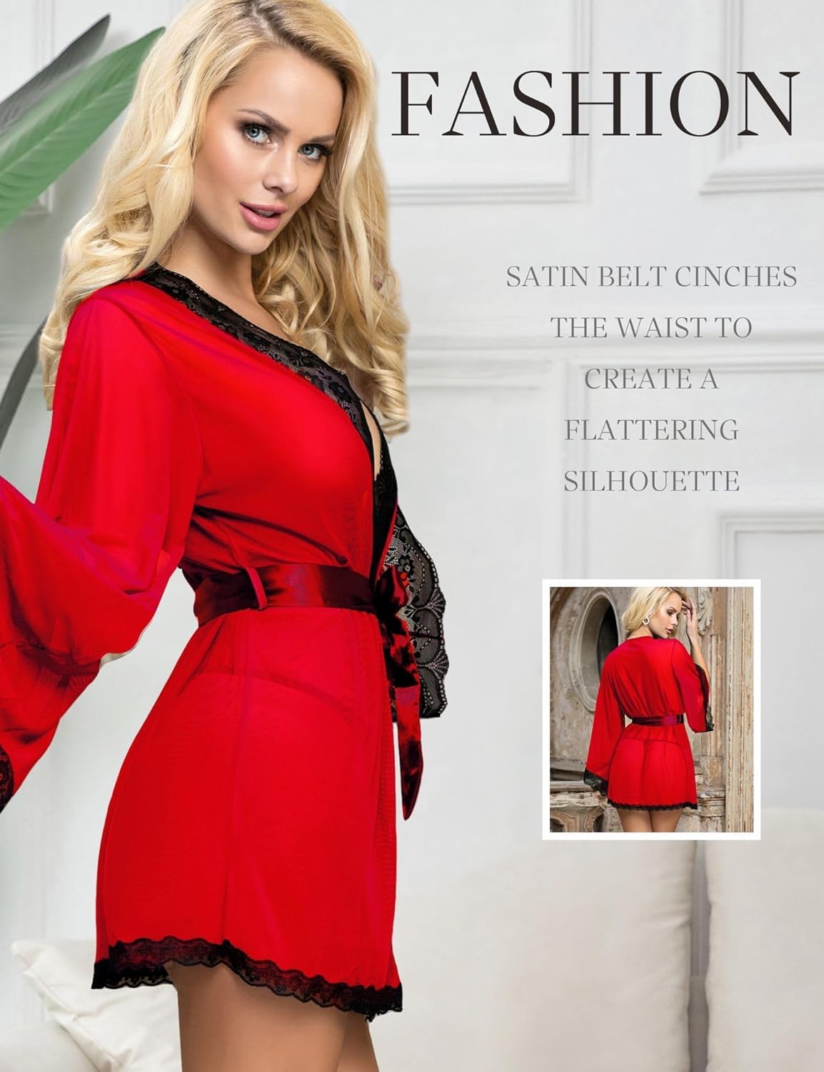 ohyeah Women Lace Kimono Robe Lingerie Sexy Robes Mesh Chemise Nightgown Flare Sleeve Bathrobe - Image 2