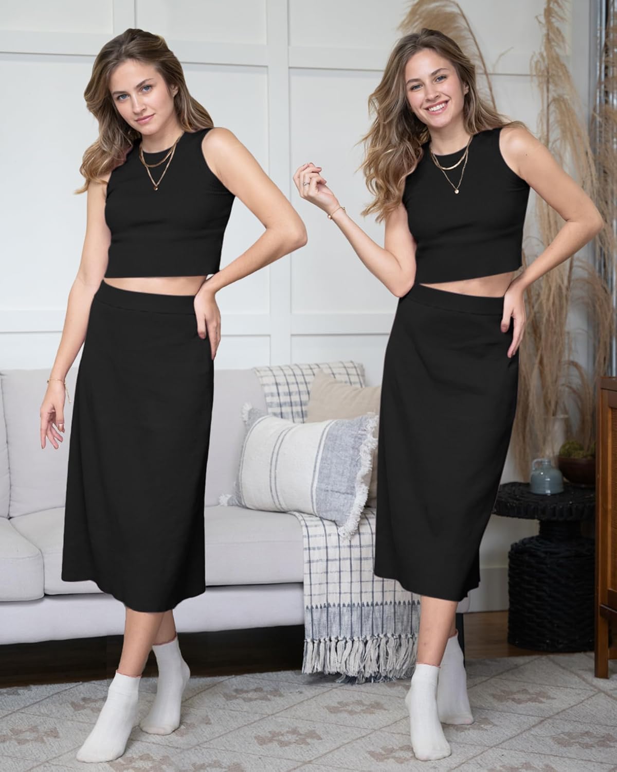 Arach&Cloz Women's Non See Through 2 Piece Sets Tank Top and Midi Skirt Knit Outfits - Image 3