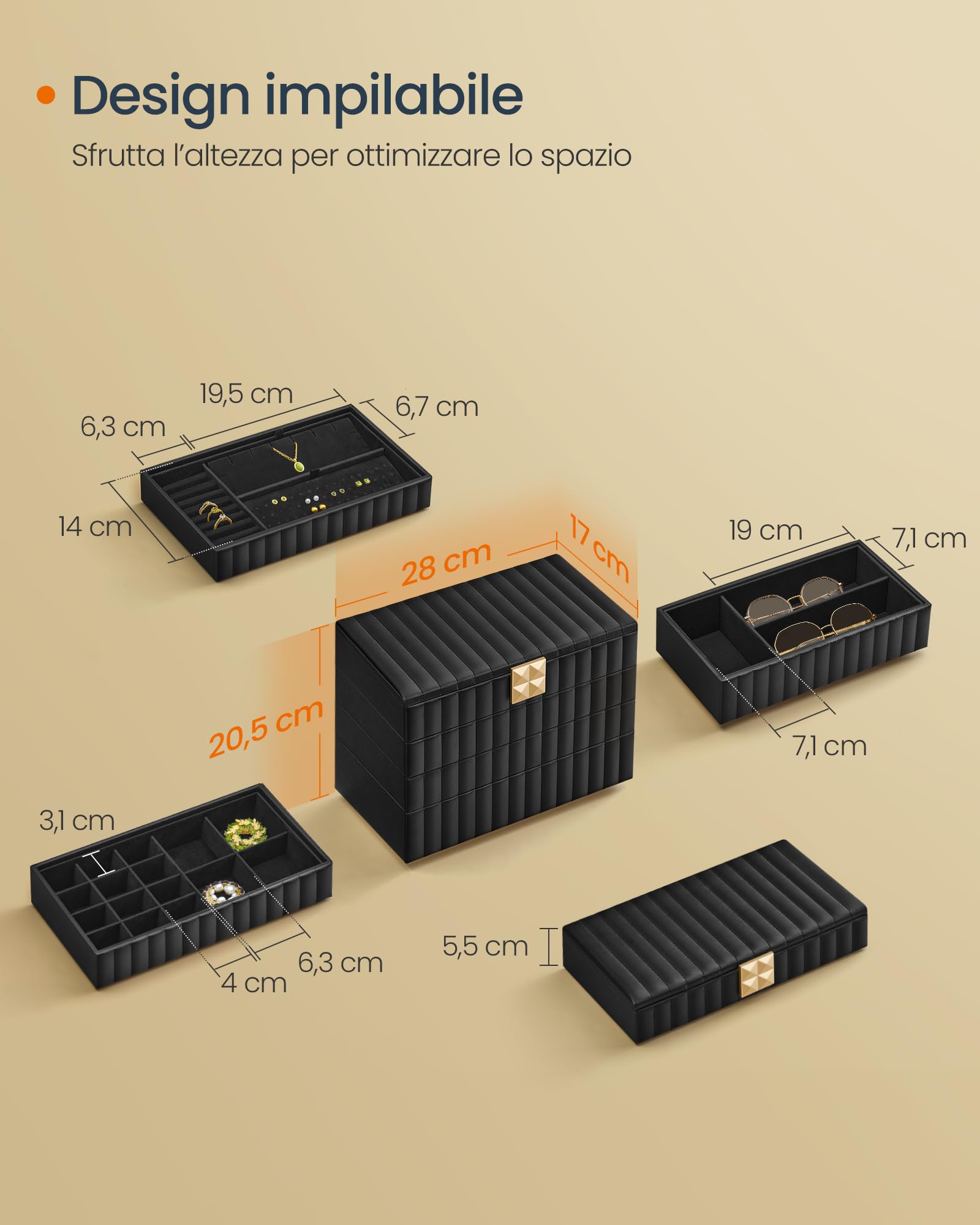 SONGMICS HOME ANAH Collezione - Scatola Portagioie Impilabile con Specchio, Porta Gioielli a 4 Ripiani, PU con Cucitura, Effetto Fluttuante, 17 x 28 x 20,5 cm, Idea Regalo, Nero Inchiostro JBC181B01