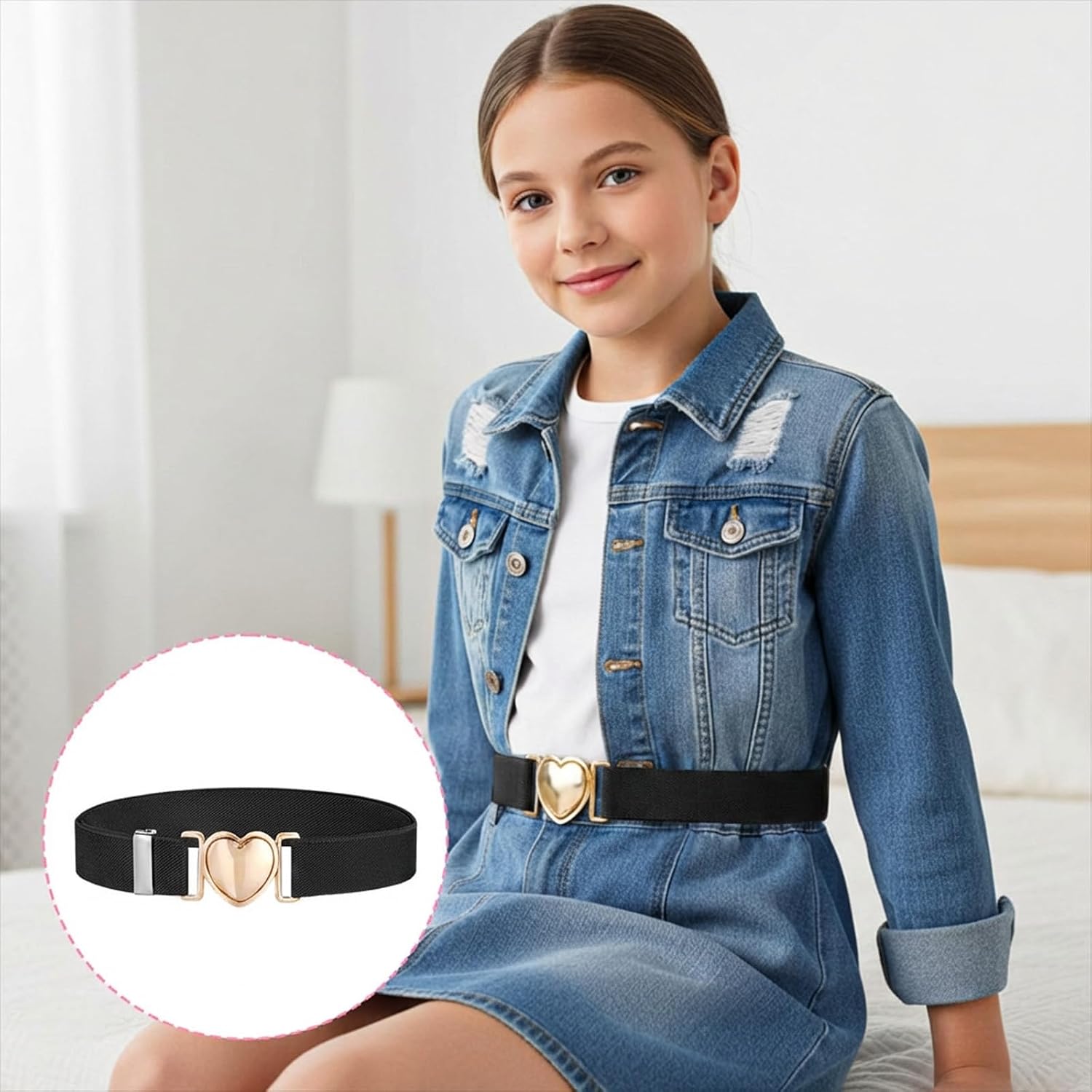 2Pcs Adjustable Polyester Heart Belt Set, Stretch Waistbands with Metal Buckle for Girls, Girls Belts for Dresses and Jeans (Black and Brown)