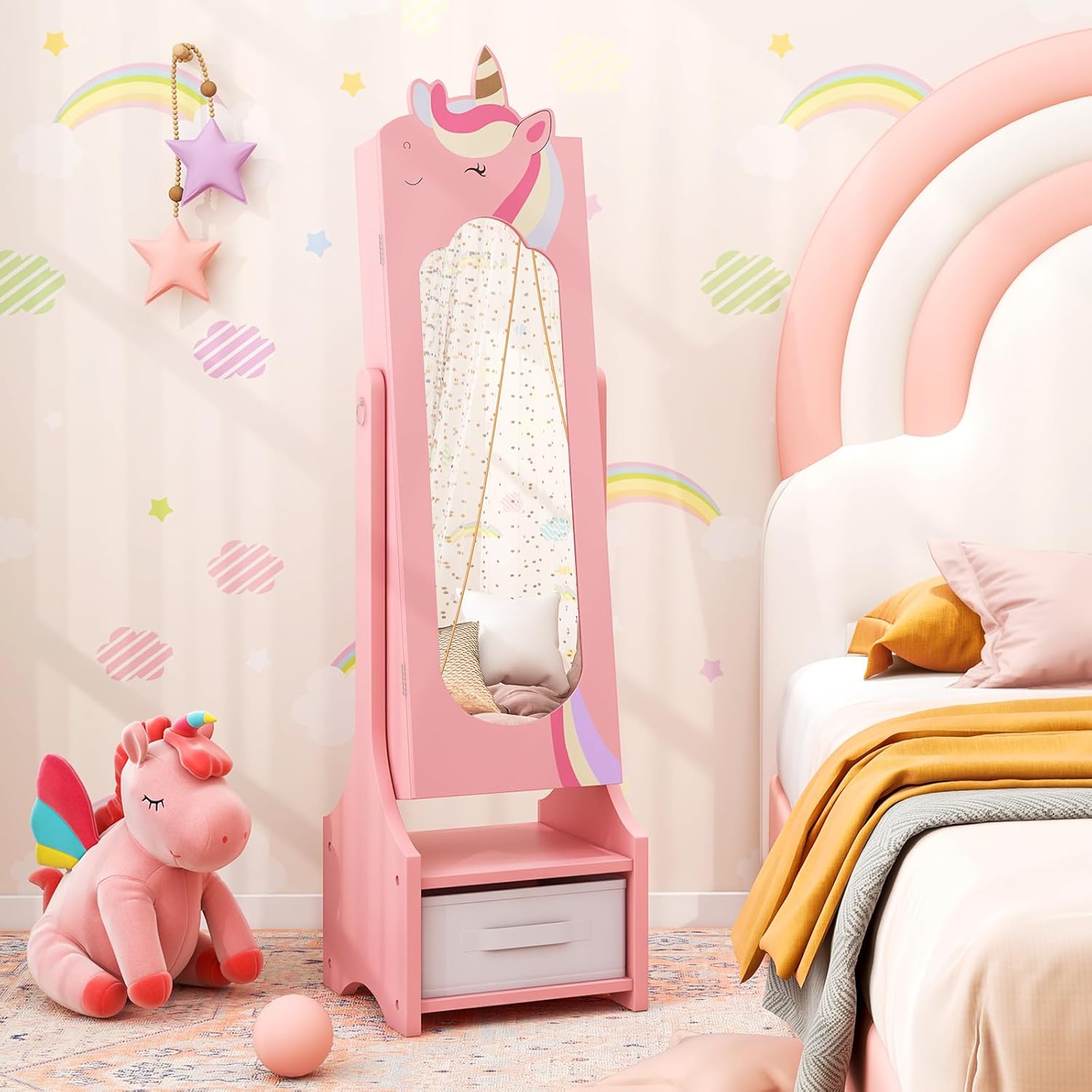 Costzon Kids Jewelry Armoire, 45.5" Standing Jewelry Cabinet with Full-Length Mirror, Storage Drawers, Kids Vanity Dress Up Mirror Jewelry Organizer for Little Girls (Pink)