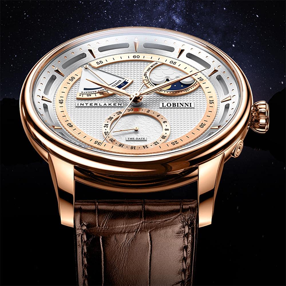LOBINNI Orologio da polso da uomo, con fasi lunari, meccanico, automatico, impermeabile, alla moda, lussuoso, per uomo