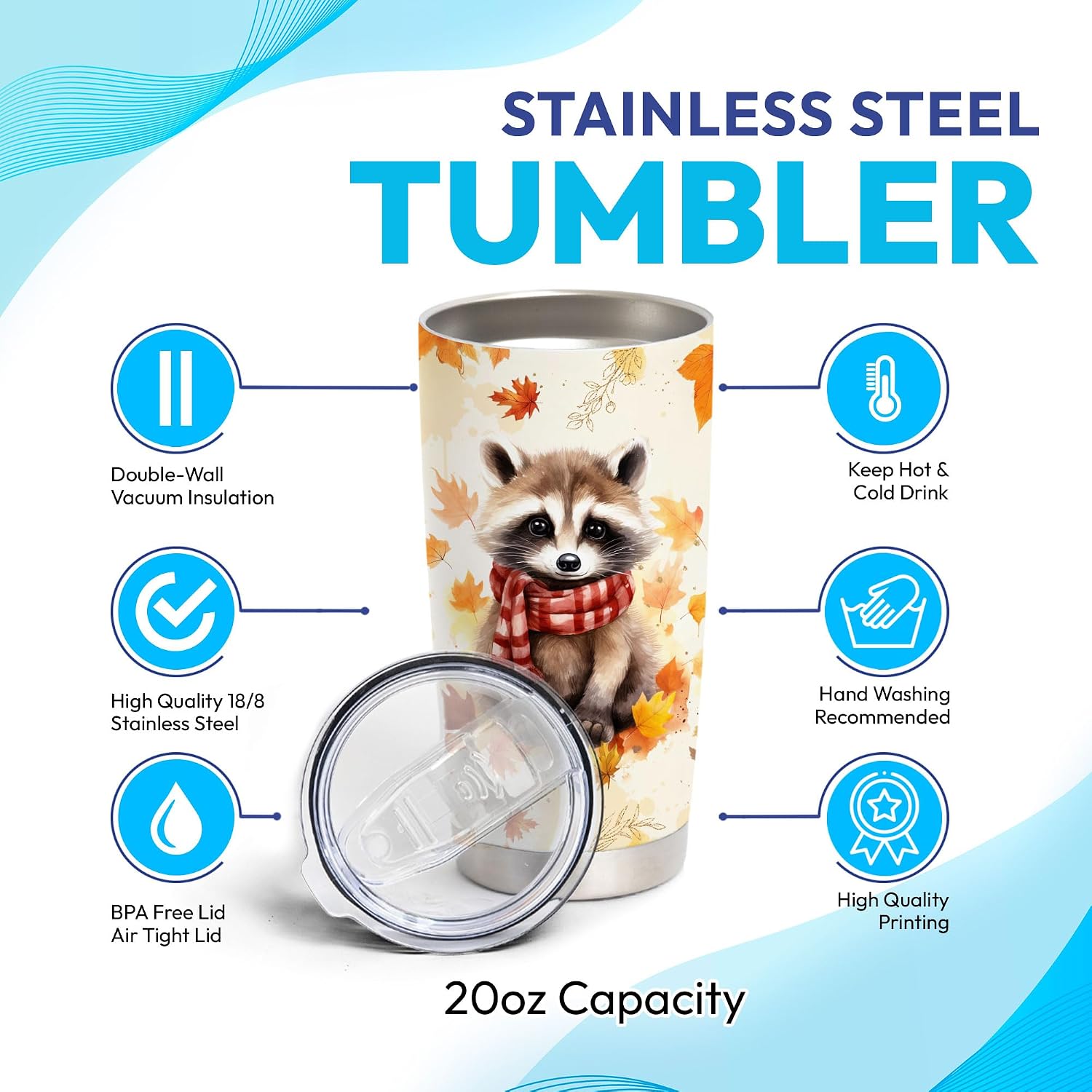 Hyturtle Personalized Fall Raccoon Maple Leaves Tumbler - Birthday Gifts For Raccoon Lovers - Fall Autumn Decor Gifts For Farmhouse Thanksgiving - Custom Name 20oz Stainless Steel Tumbler Travel Cup