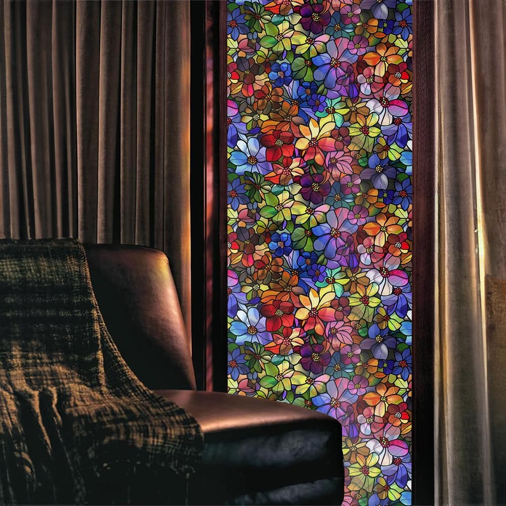 16“x118 Colorful Stained Glass Double Side Window Films Art Decorative Window Privacy Tinting Film Self-Adhesive Static Glass Window Clings Stickers for Living Room Bathroom Glass Windows Decor