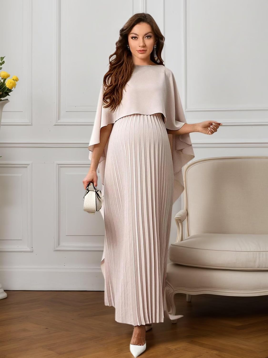 Satin Long Cape Maternity Dress for Photoshoot Pleated A Line Pregnancy Gown Puffy Babyshower Dress DY266