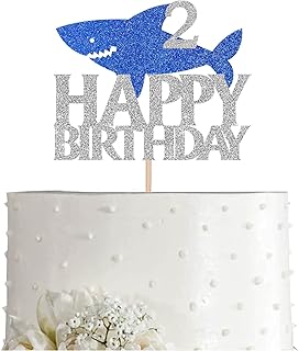 Shark Happy 2nd Birthday Cake Topper Blue Silver Glitter Boy Girl 2 Years Ocean Birthday Party Decoration