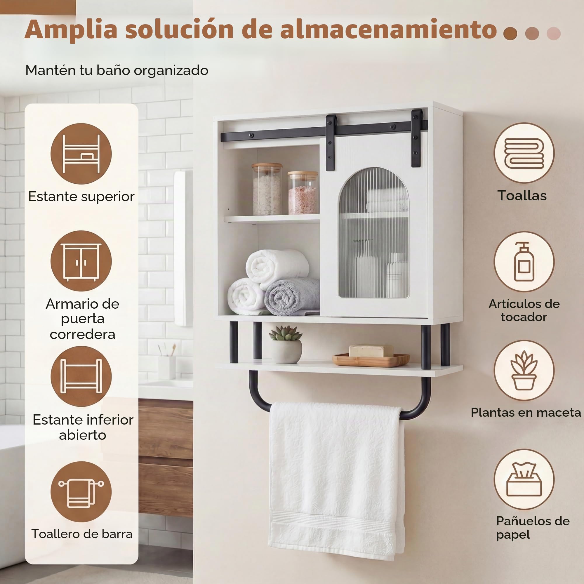 LIFEZEAL Armario de pared para baño, armario de baño con toallero, armario colgante con compartimento abierto, armario colgante para baño, cocina y salón, 50 x 20 x 70 cm, color blanco