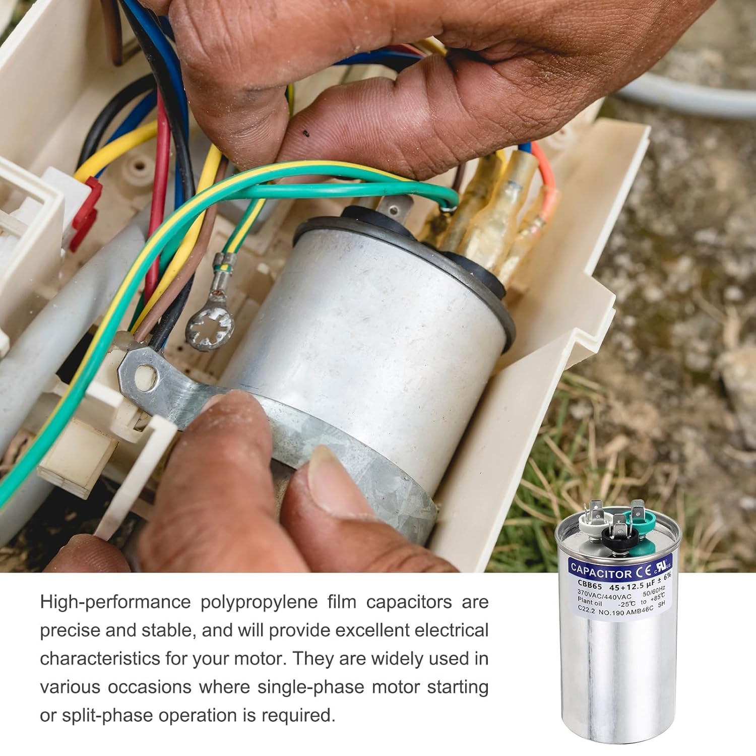 MECCANIXITY 2Pcs 45+12.5MFD CBB65 Run Start Capacitor 45+12.5uF, 370/440V Round AC Capacitor for AC Motor Run, HVAC, Air Conditioner, Condenser Motors