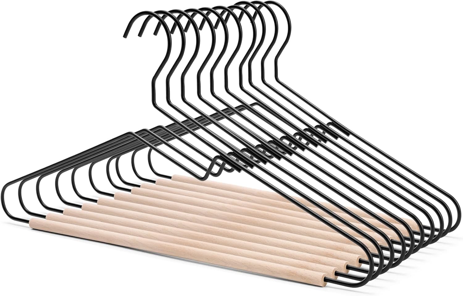 Nature Smile Premium Black Matt Metal Suit Clothes Hanger 10 Pack with a Smooth Beech Wood Pants Bar,Unique Coat Hanger Dress Hanger Shirt Hanger