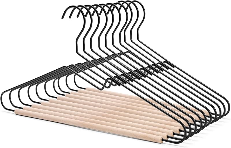 Premium Black Matt Metal Suit Clothes Hanger 10 Pack with a Smooth Beech Wood Pants Bar,Unique Coat Hanger Dress Hanger Shirt Hanger