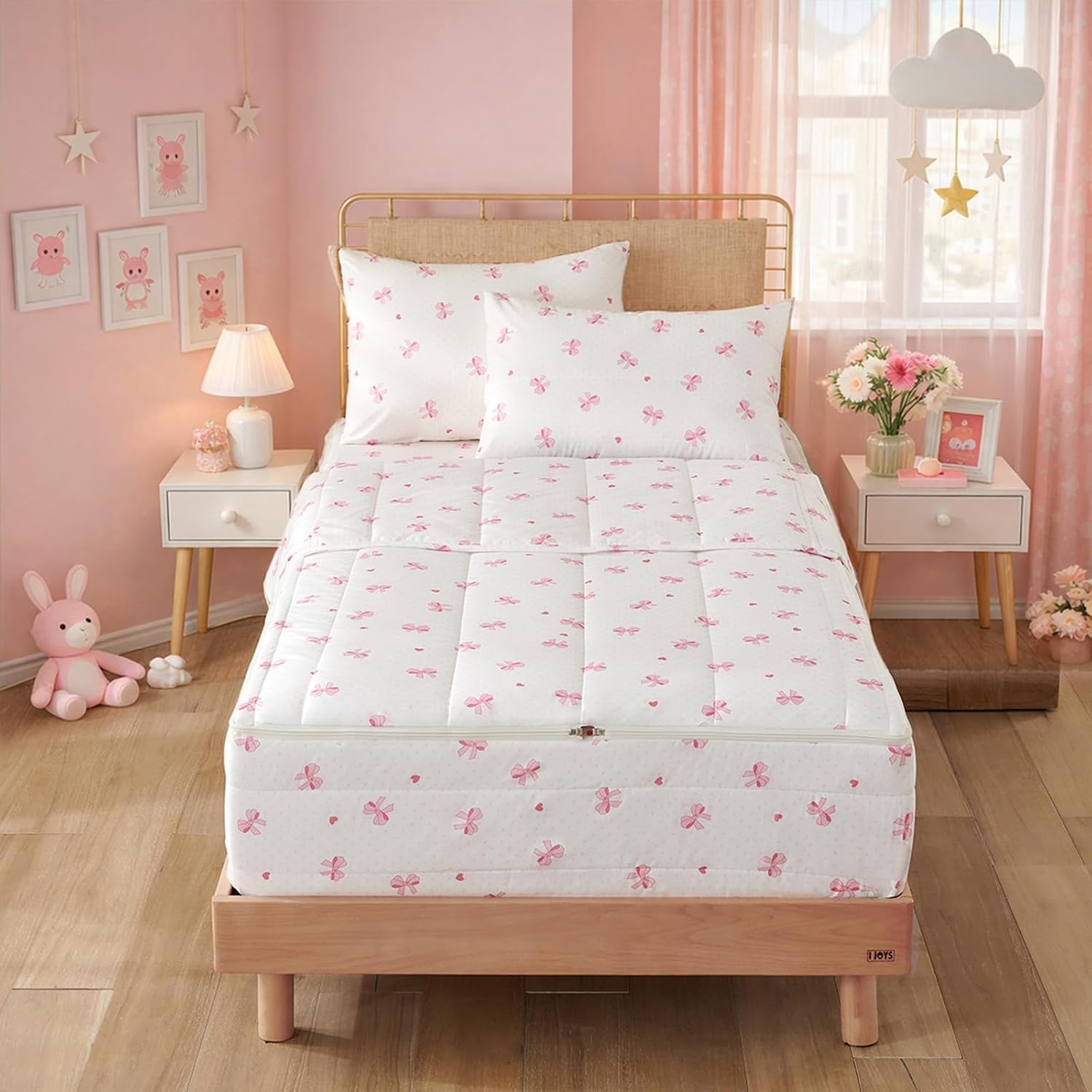 Zipper Bedding Twin for Kids, Bed in a Bag, Bow Printed Comforter Set with All-in-One Zipper Design, Quilt Set for Girls, Includes 1 Zipped Comforter, 1 Fitted Sheet and 2 Pillowcases