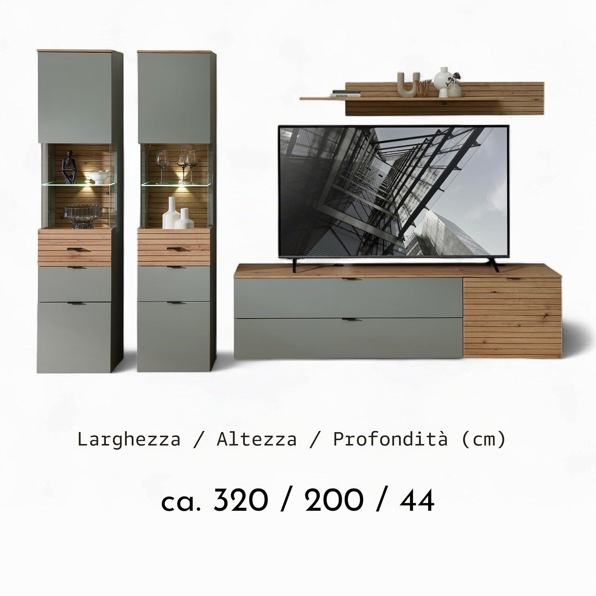 Stella Trading INA - Set completo da parete in verde canna, effetto rovere artisano, certificato FSC, 5 pezzi, con illuminazione a LED per il vostro soggiorno, 320 x 200 x 44 cm (larghezza x altezza x