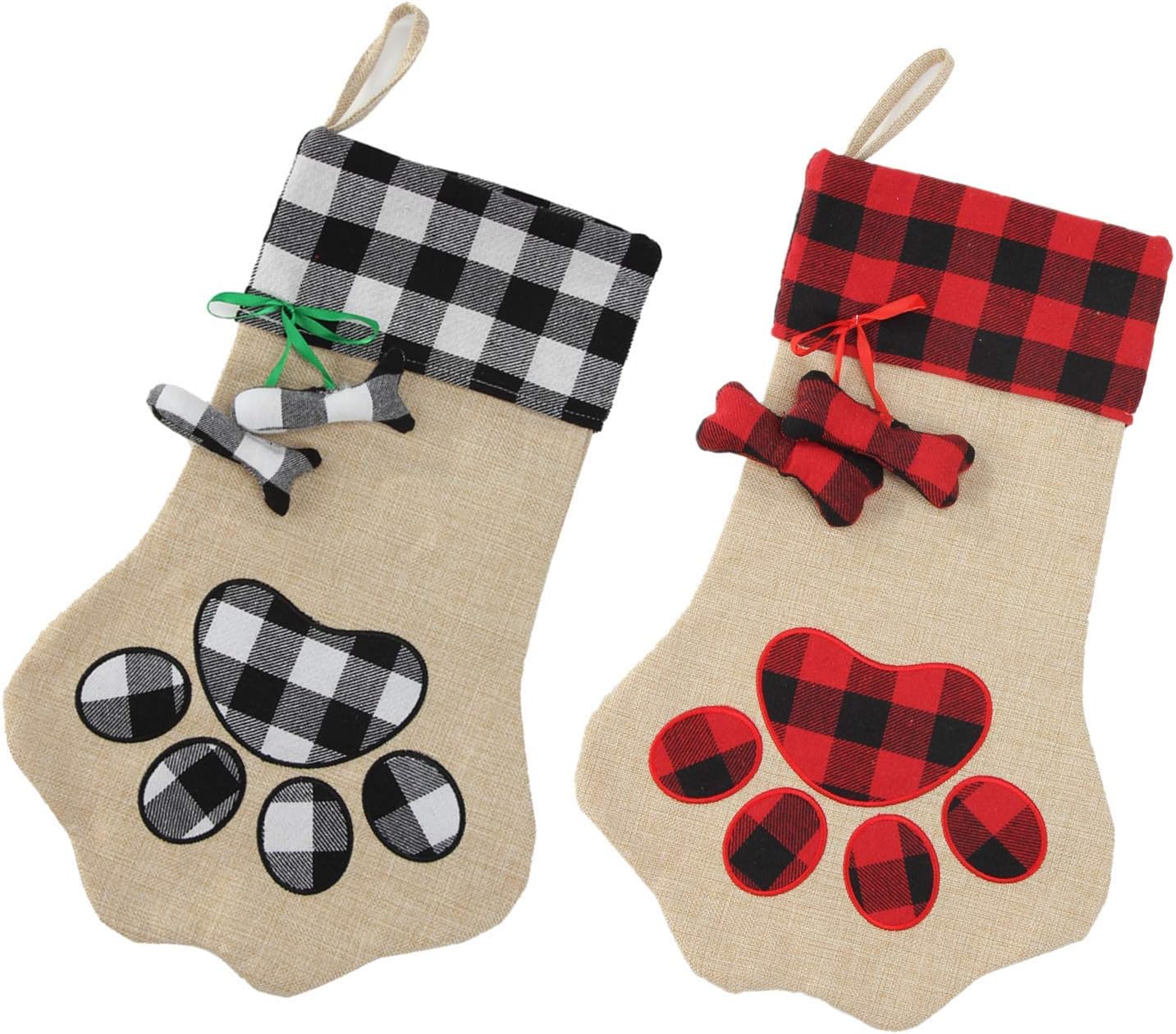 XinblueCo 2Pieces Christmas Stocking Pet Paw Stockings Burlap Fireplace Hanging Stockings for Dog Cat and Christmas Decoration