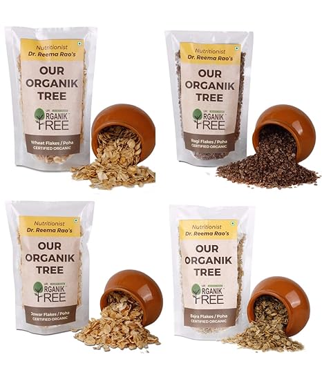 Our Organik Tree Organic Combo Flakes Pack | Ragi Finger Millet + Bajra Pearl Millet + Jowar Sorghum + Wheat | Millet Flakes |Breakfast Cereal | 100 g Each