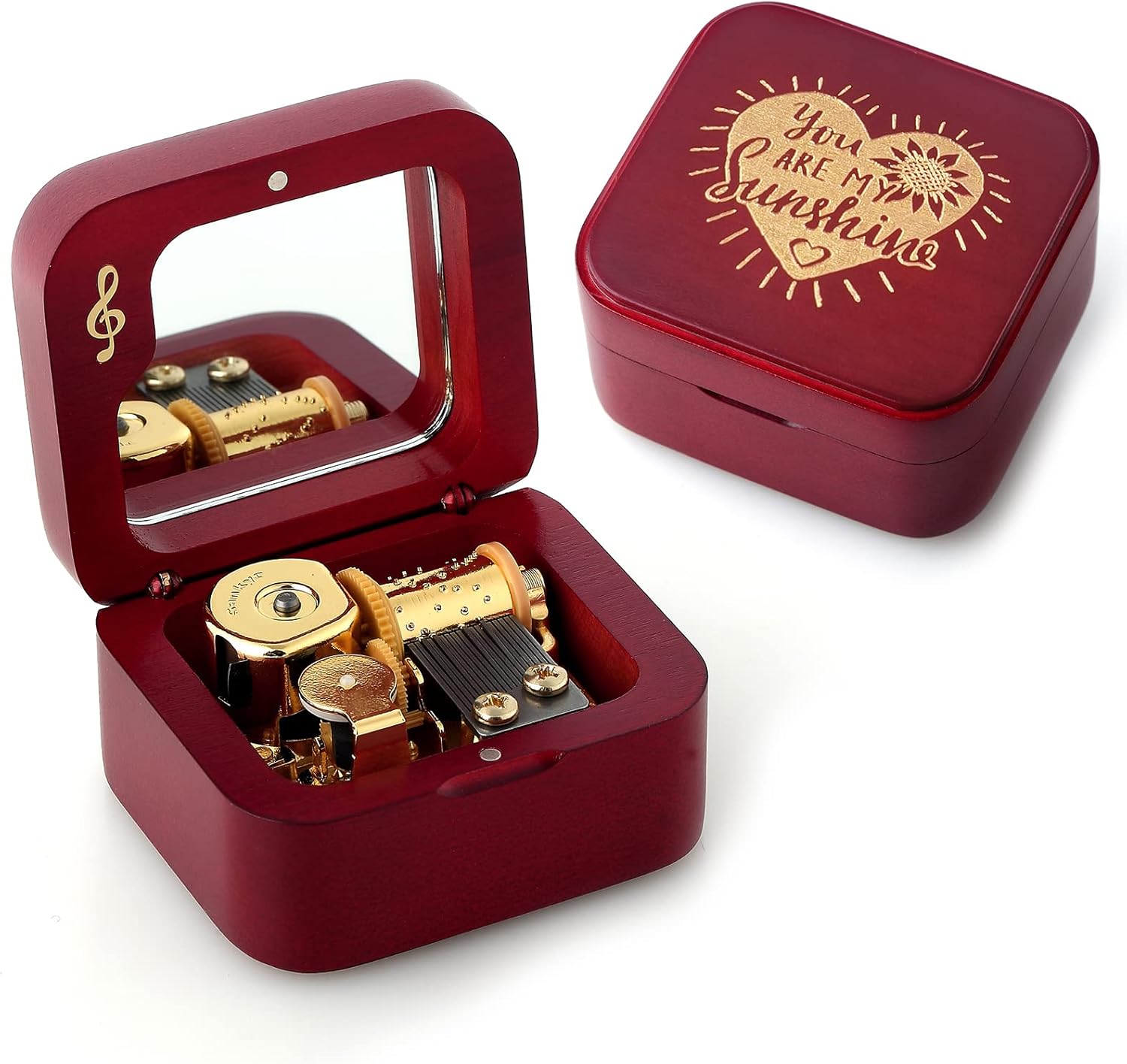 Natural Solid Wood Clockwork Square Note Octave Box with Pause and Play Function, Gift for Birthday/Mother's Day/Children's Day/Valentine's Day/Christmas, Wine-red.