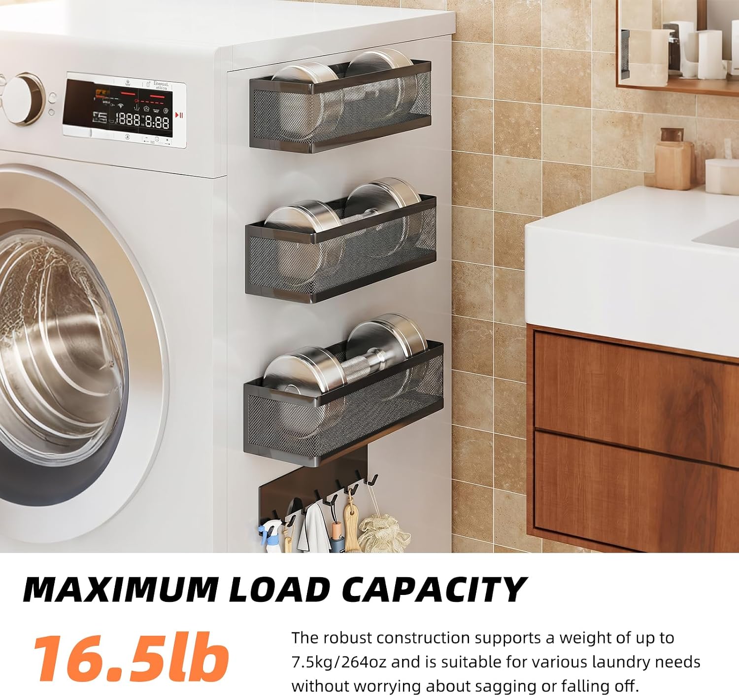 4 Pack Magnetic Shelves with Hook Rack for Washing Machine, Black Metal Magnetic Side-Mount Baskets for Washer & Dryer, Laundry Organizer Holder for Detergent, Softener, Dryer Sheets, Towels, Brushes