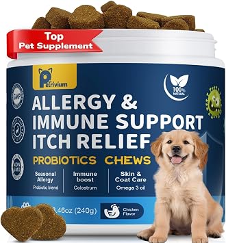 Dogs Allergy & Itch Relief Chews, Dog Probiotics for Skin & Immune Support Helps Relieve Itchy Skin & Ear, Dog Allergy Supplement for Paw Licking, Itching Skin Relief with Colostrum, Fish Oil Brown