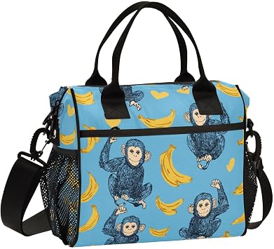 Vdsrup Monkey Lunch Bag for Men Women Lunch Box Tote for Work, Blue Bananas Lunchbox Cooler for Kids with Shoulder Strap & Side Pocket for Picnic Hiking Outdoor M