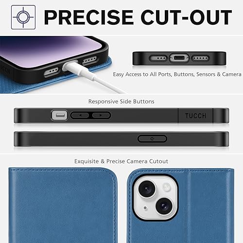 Miniatura 8 de TUCCH Funda tipo cartera para iPhone 14 de 6.1 pulgadas, piel sintética de alta calidad con bloqueo RFID, ranura para 3 tarjetas, diseño de libro