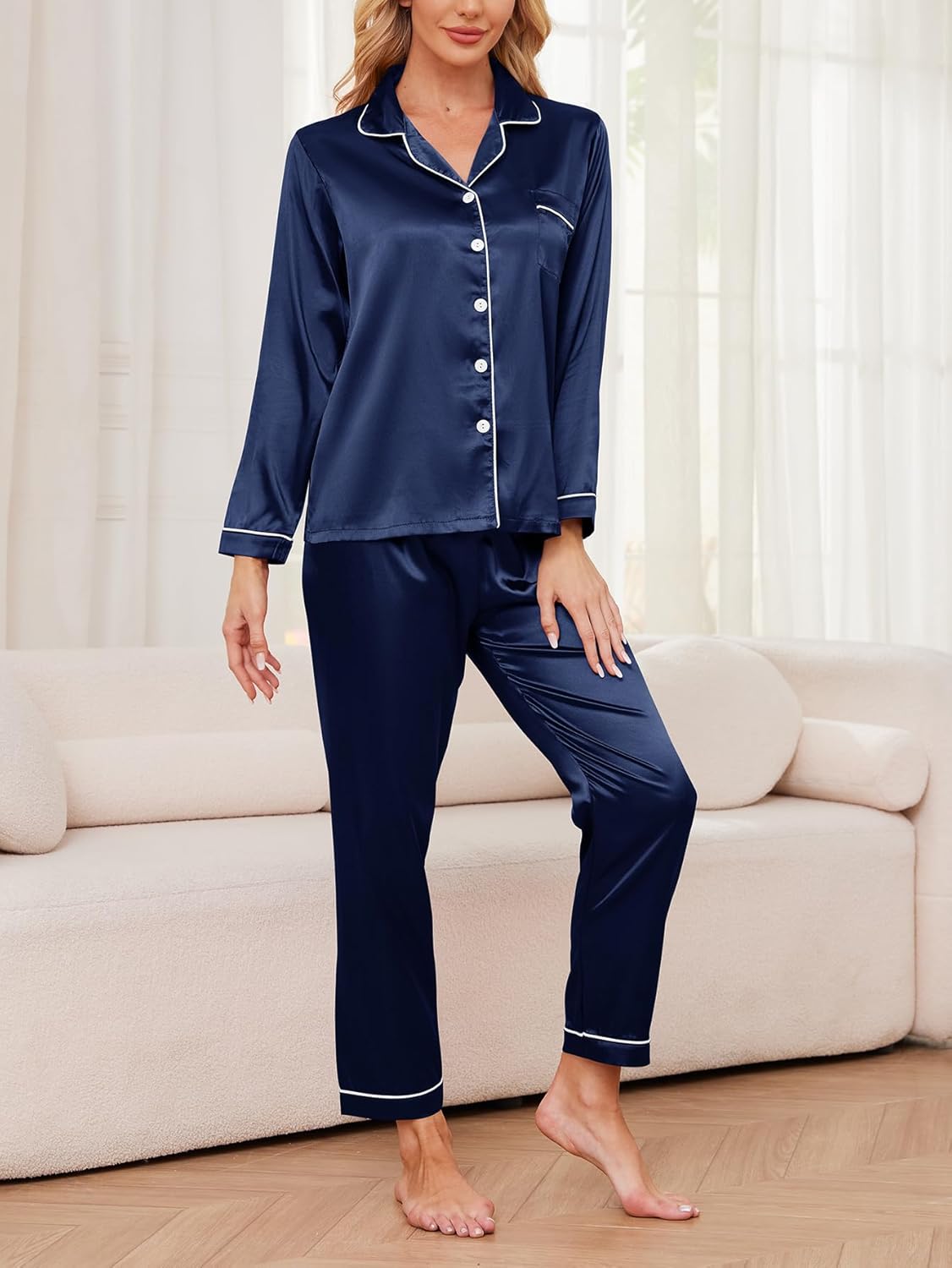 YIJIU Womens Silk Satin Pajamas Set Long Sleeve Button Down Top and Long Pants Sleepwear 2 Piece Pjs Set Soft Loungewear - Image 6