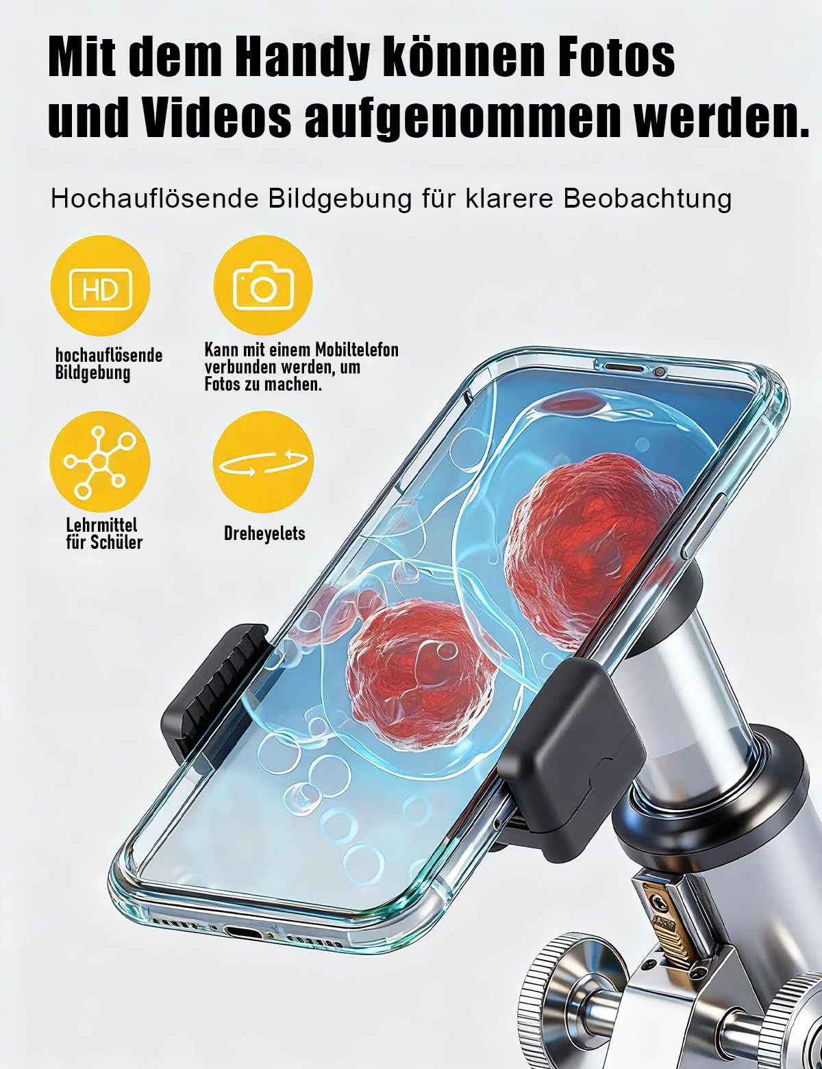 Monokulares Mikroskop, 40- bis 2000-fache Vergrößerung, mit Smartphone-Adapter, inklusive Objektträgern Heimschul-Labor Kindermikroskop-Set für Schüler (Schwarz-Weiß)