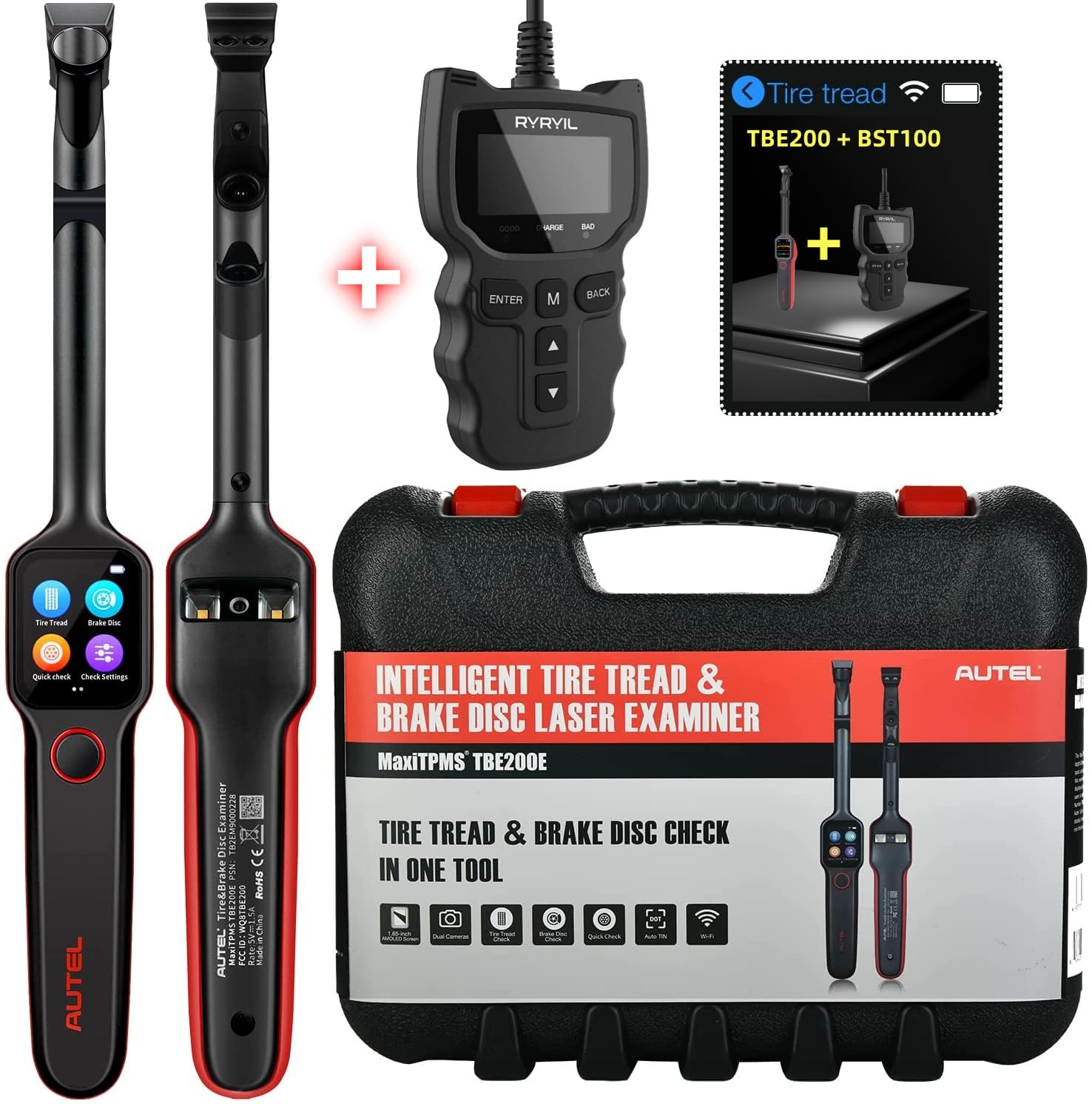 MaxiTPMS TBE200 with Screen Wiper Laser Tire Tread Depth & Brake Disc Wear Examiner Real-time Data Tire Health Tire ID Number Scan TPMS Reports and Repair Tips With ITS600 No Need to remove tire