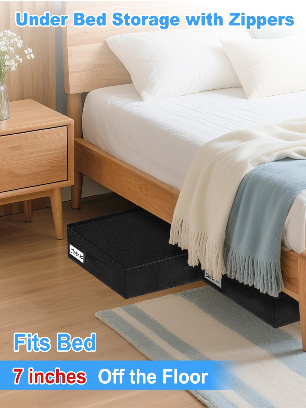 boailydi Under Bed Storage Bags with Zipper, 7 Inch Tall Underbed Storage Containers with Rigid Sides & Bottom,30x15x6.7 Inches, Large Clothes Organizer Box for Bedroom, Dorm, Couch, Black
