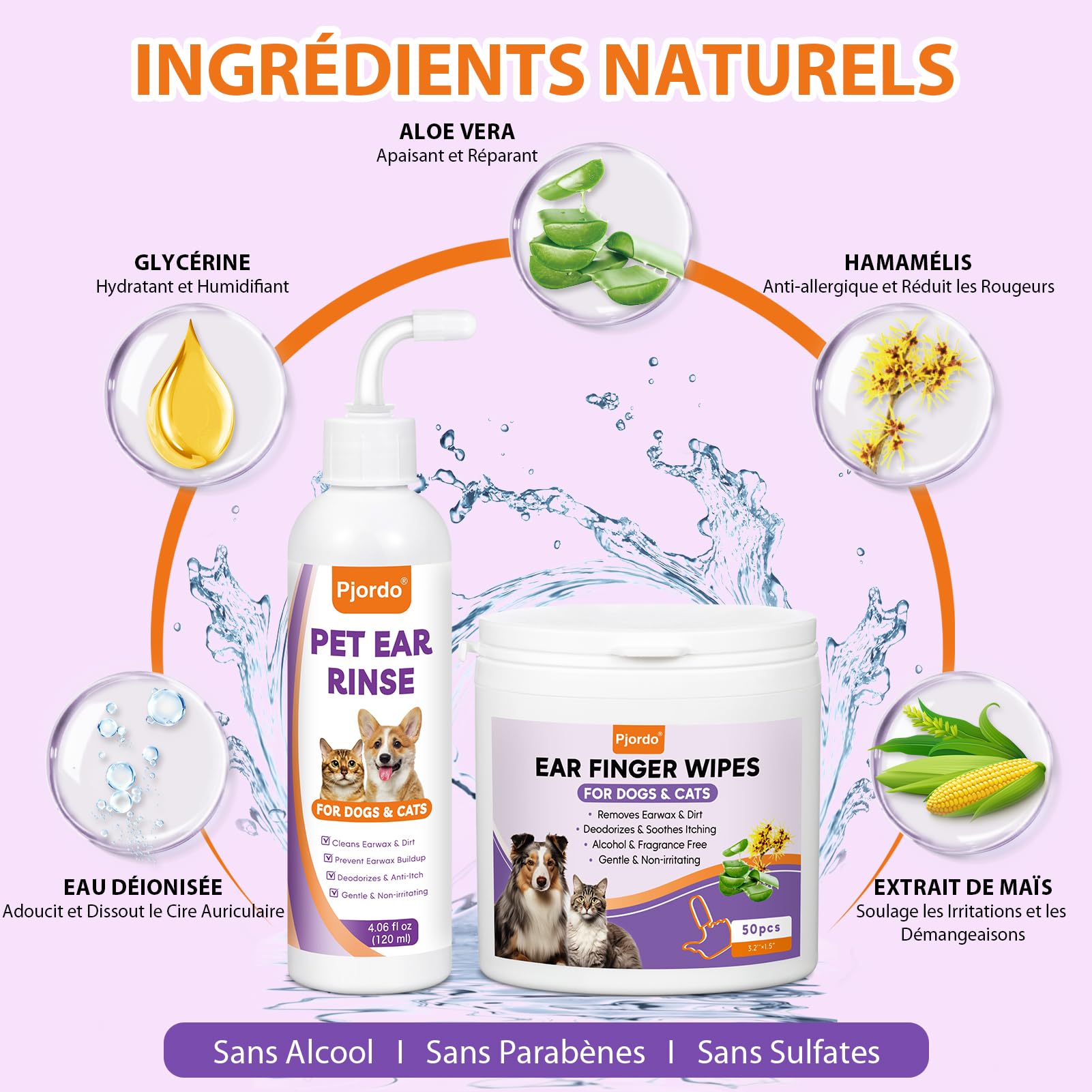 Kit de nettoyant pour oreilles de chien Pjordo - Nettoyant pour oreilles de chien avec aloe vera et hamamélis, lingettes pour doigts pour oreilles de chien et solution nettoyante pour oreilles pour